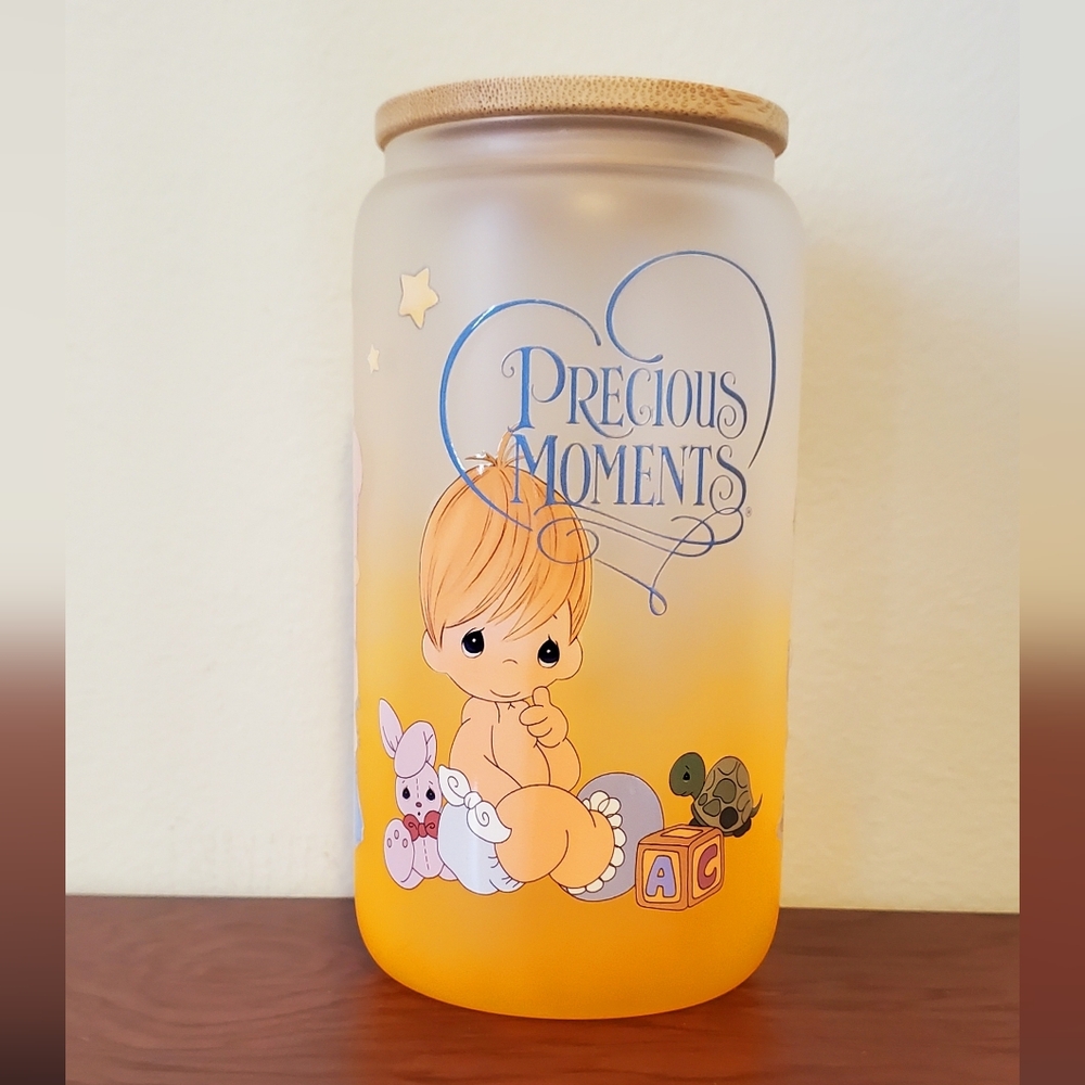 Frosted light orange Precious Moments Glass tumbler lid reusable straw